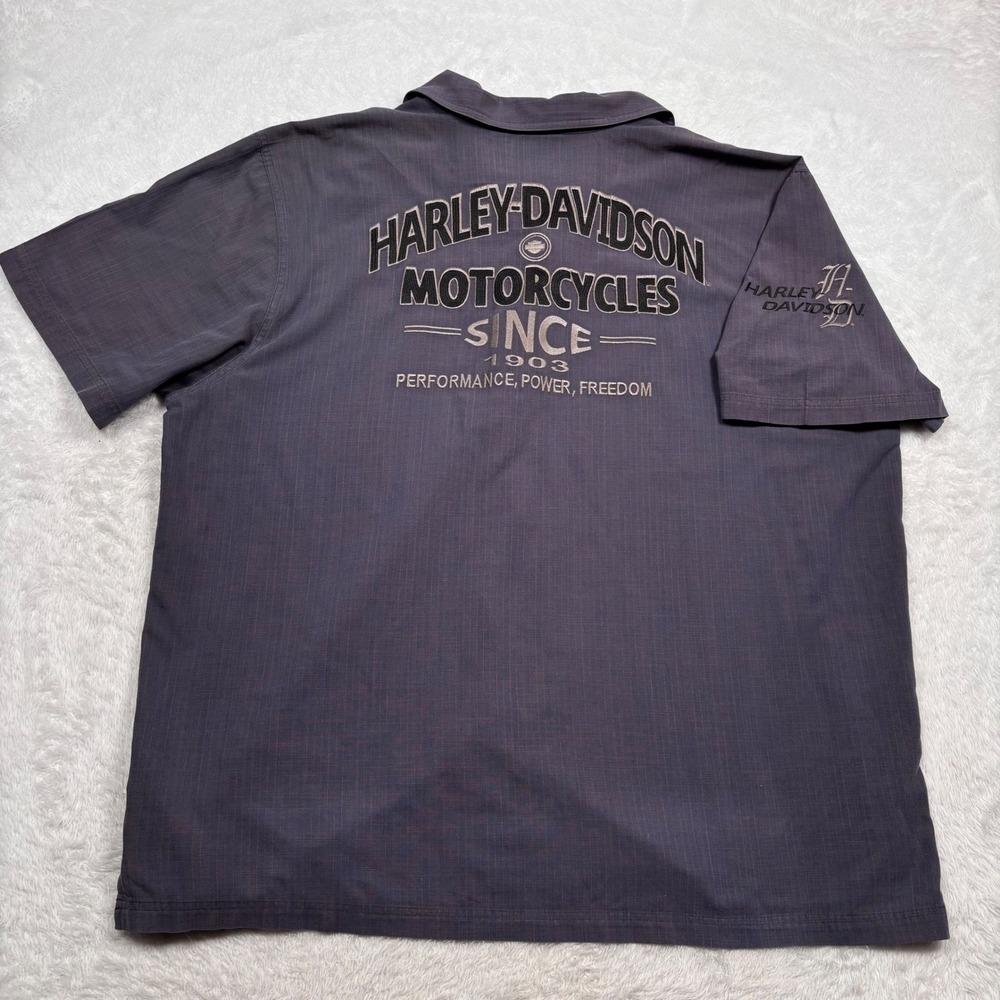 Y2K Harley-Davidson Button Shirt Men 2XL Gray Blue Mechanic Spellout Short Slv - Picture 7 of 16